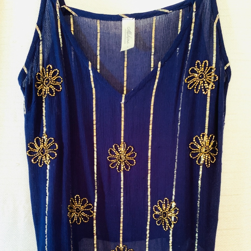 NWOT! Mahina Navy Blue with Gold Beading Tank Top